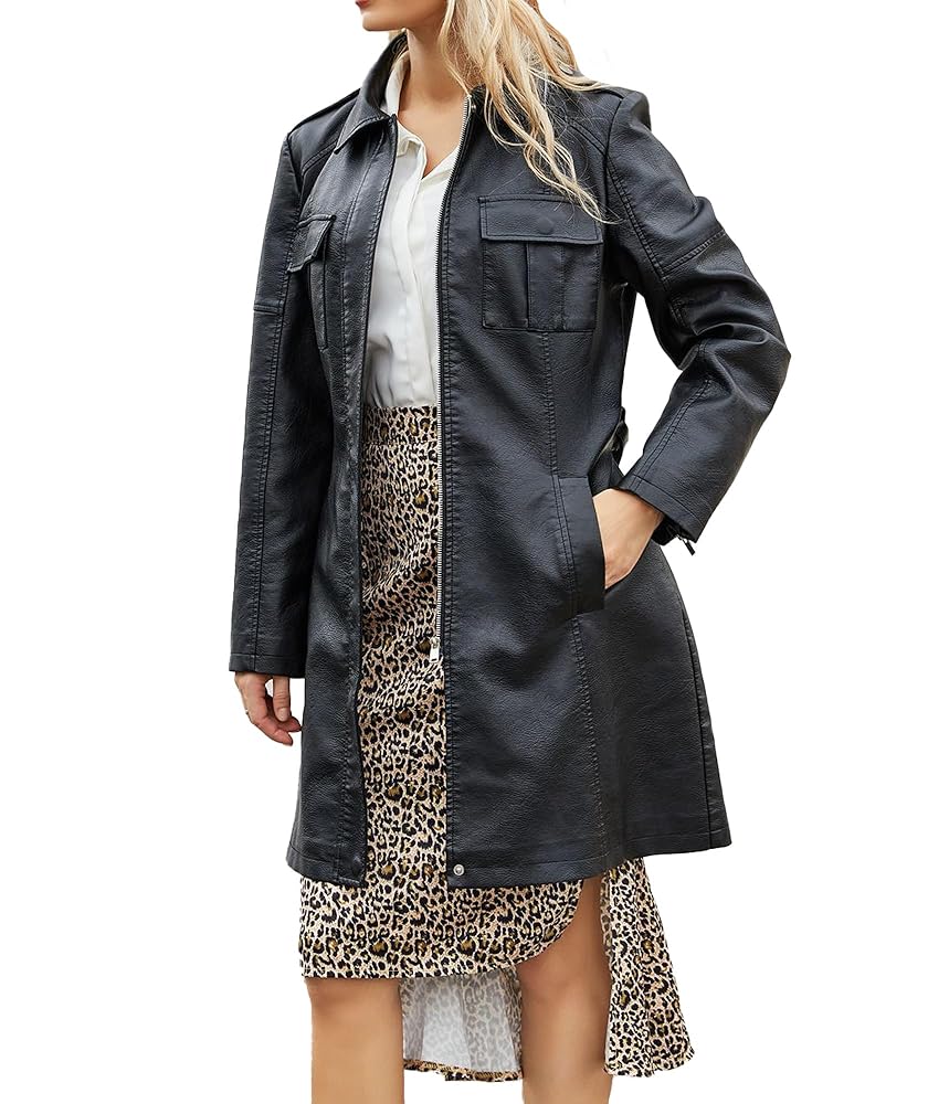 TheyLook Womens Long Faux Leather Jacket Lapel Belted Trench